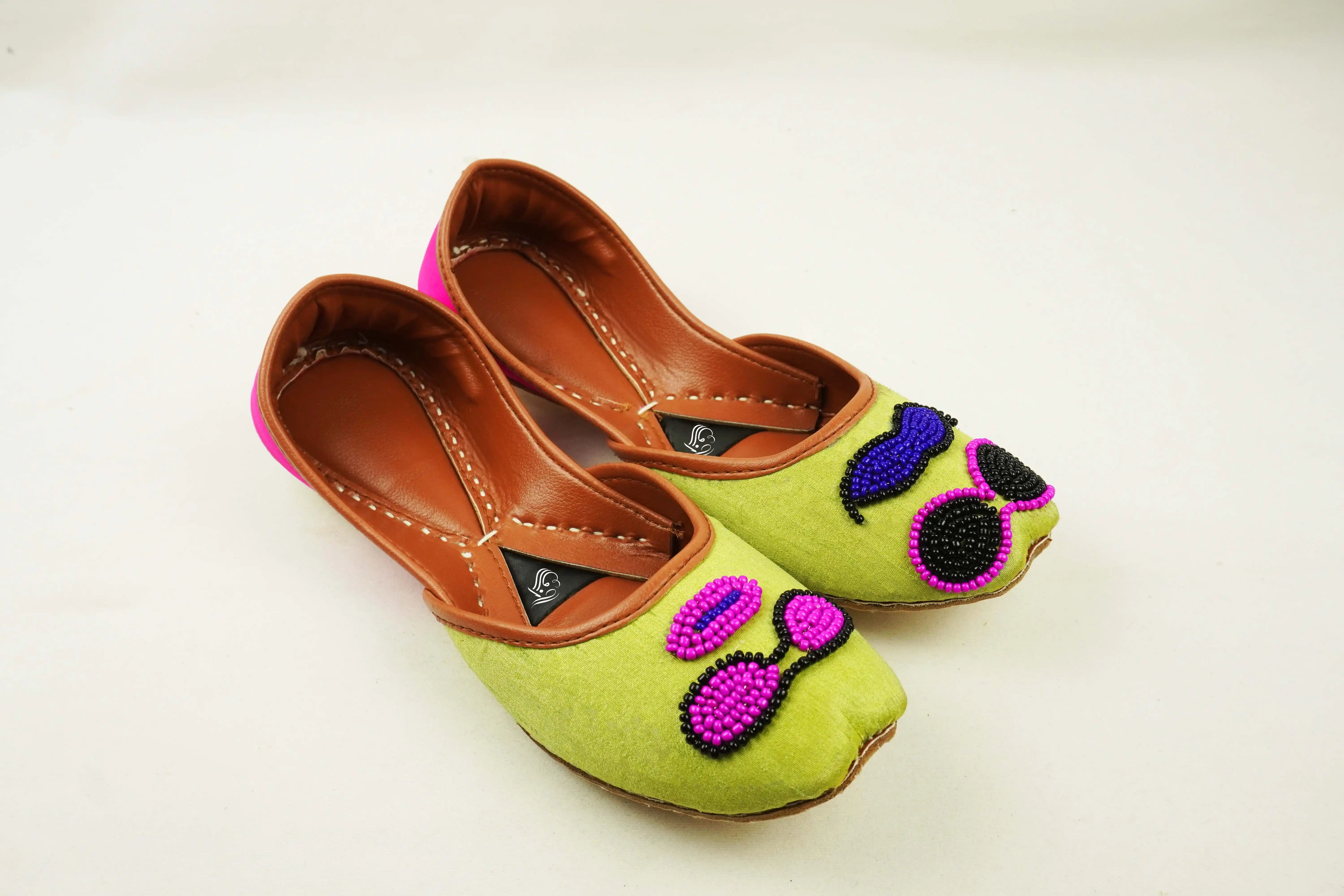 Mrs and Ms Green Khussa with Pink & Black Beadwork