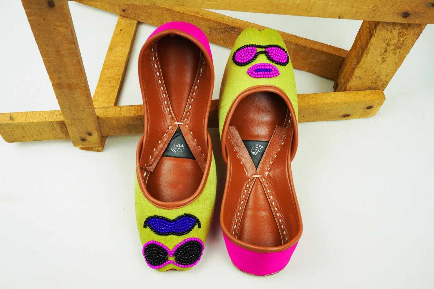 Mrs and Ms Green Khussa with Pink & Black Beadwork