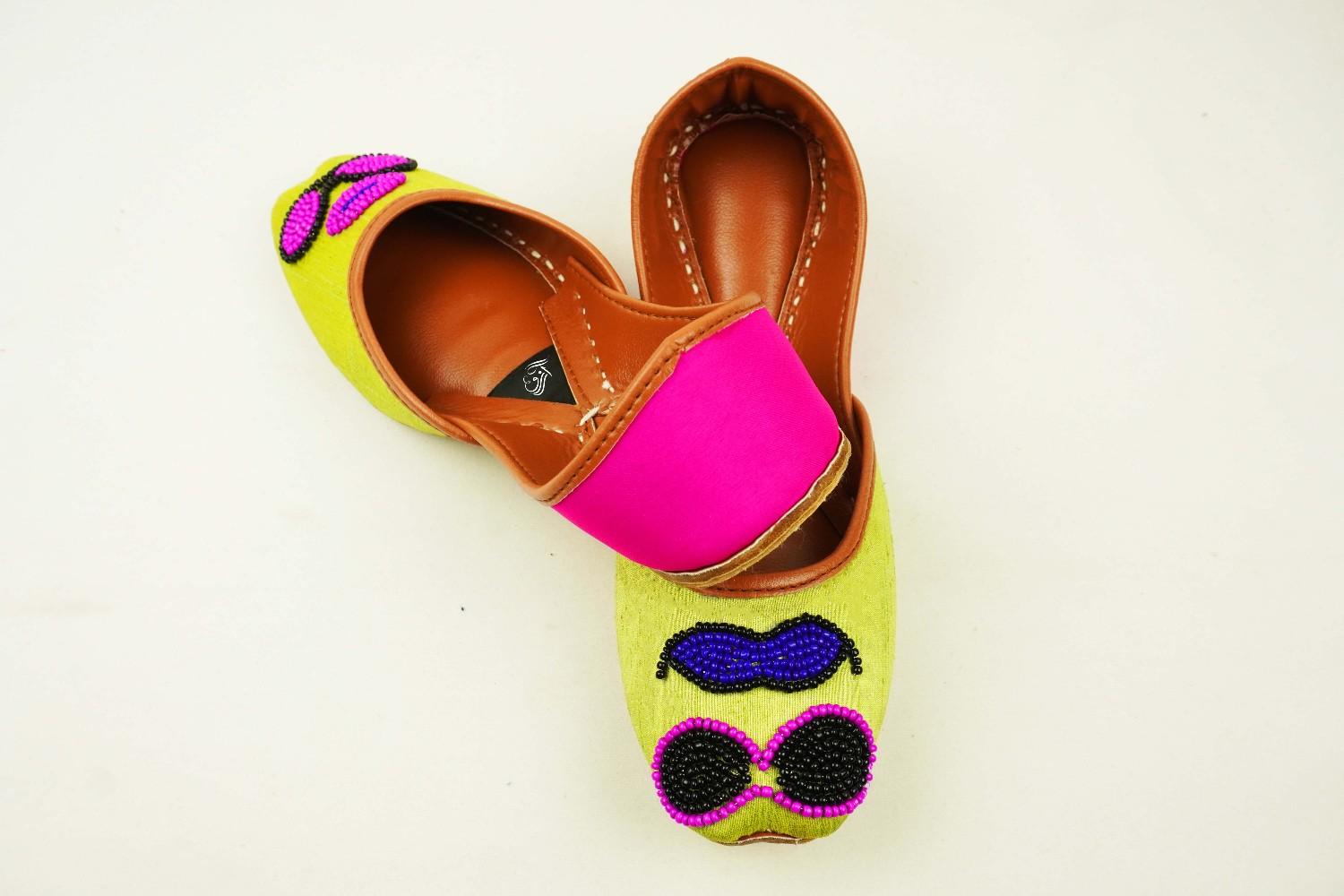Mrs and Ms Green Khussa with Pink & Black Beadwork